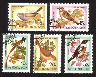Song Birds: Siberian Tit, Saxicola Torquata, Flycatcher, Etc Cplt Set of 5 Diff
