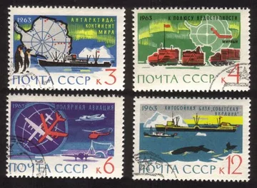 Antarctica: Map, Southern Lights, Whaler, Airplanes, Etc. Cplt Set of 4 Diff
