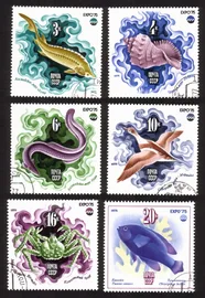 OceanExpo '75 (Okinawa) Sealife: Sturgeon, Eel, Sea Duck, Etc. - Cplt Set of 6