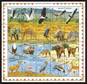 Wildlife At Waterhole: Stork, Pelican, Jackal, Baboon... Cplt Sheet of 20 Folded