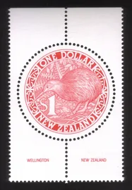 One Dollar Kiwi Bird - Round Stamp (Red) With Surrounding Selvage