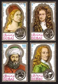 Famous People Portraits: Durer, Isaac Newton, Awicenna, Voltaire: Cplt Set of 4